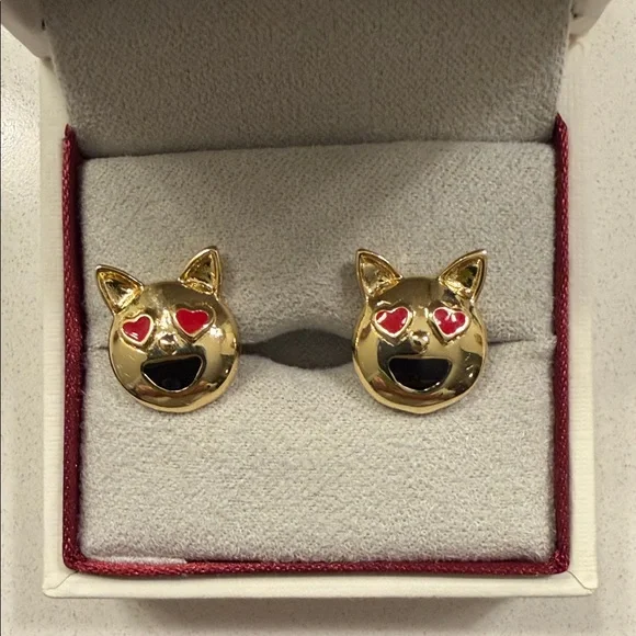Gold Cat Face Earrings with Red Heart Eyes - Picture 3 of 3